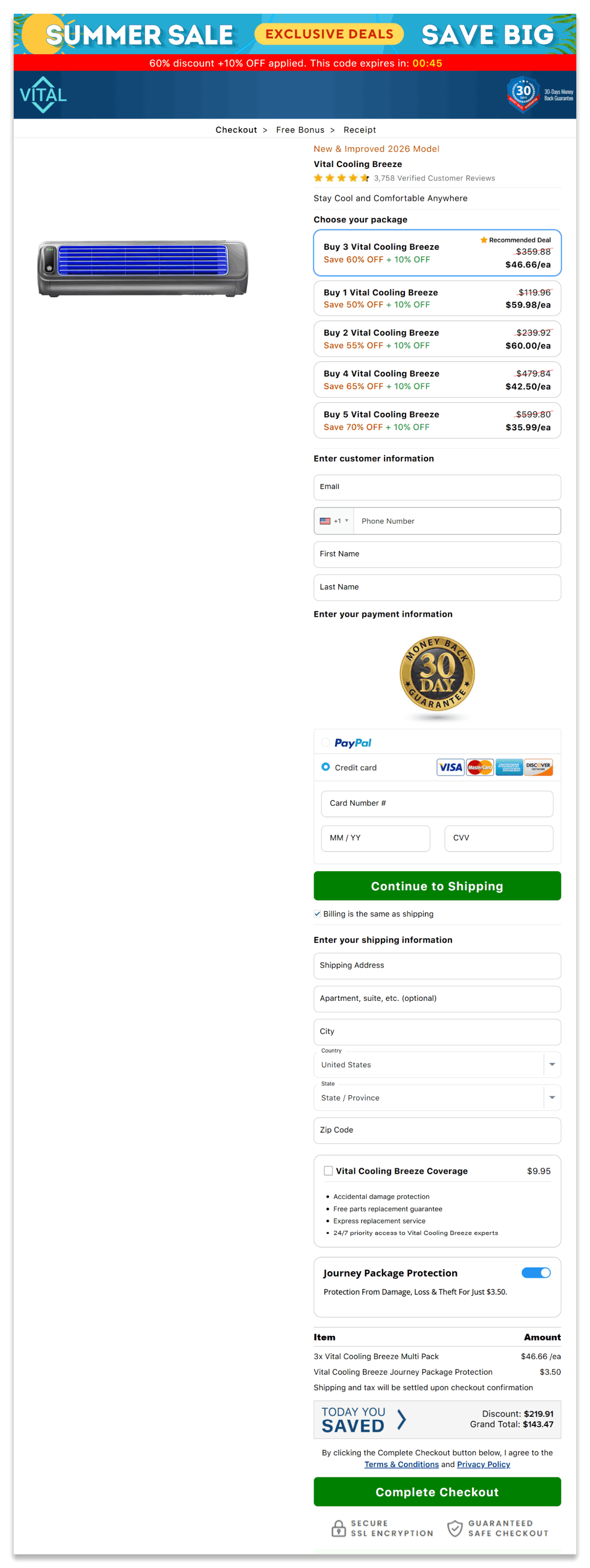 Vital Cooling Breeze secure checkout page